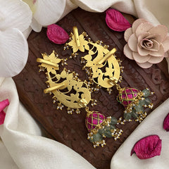 Vriksham Red, Green & White Stone Kundan Jadau Cuff Jhumka-Pastel Green Beads-J2893