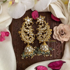 Vriksham White Stone Kundan Jadau Cuff Jhumka-Pastel Green Beads-J2892