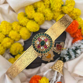 Vriksham Elegant Matte Gold Circular Kemp With Geometric Etched Hipblet-Green & Gold Bead-G22228