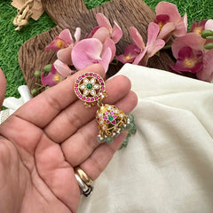 Jadau Kundan Floral Jhumkas-Pastel Green Beads-Pearl-J2141