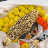 Vriksham Lakshmi & Peacock Nakshi Pendant With Mesh Texure & Gold Bead Drop Hipblet-G22233