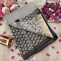 Vriksham Pastel Cream & Black Line Printed Kota Cotton Saree-VS4907