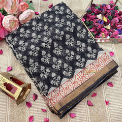 Vriksham Black & White Floral Printed With Kota Cotton Saree-VS4912