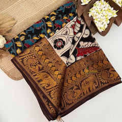 Vriksham Black Authentic Penumaka Printed With Brown Color Kanchi Border Kalamkari Saree-VS5010