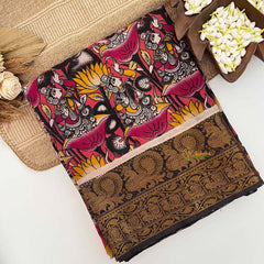 Vriksham Onion Pink Goddess & Lotus Design Printed With Black Kanchi Border Kalamkari Saree-VS5009