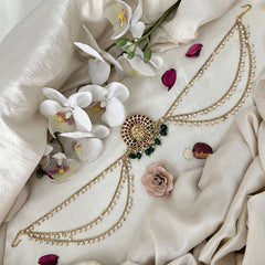 Vriksham Peacock Feather Jada Bun Billai With Pearl Maatil Bridal Jada Billai-Green Bead-G19293