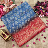 Vriksham Blue & White Floral Printed Red Border Kota Cotton Saree-VS4918