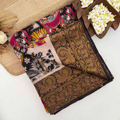 Vriksham Onion Pink Goddess & Lotus Design Printed With Black Kanchi Border Kalamkari Saree-VS5009