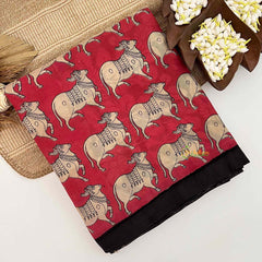Vriksham Tomato Red Dynamic Running Cow Motifs Printed With Black Border Kalamkari Saree-VS5008