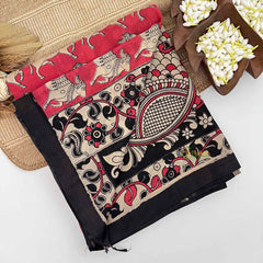 Vriksham Tomato Red Dynamic Running Cow Motifs Printed With Black Border Kalamkari Saree-VS5008