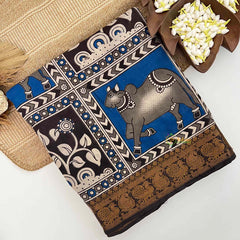 Vriksham Blue Pichwai Printed With Black Kanchi Border Kalamkari Saree-VS5011