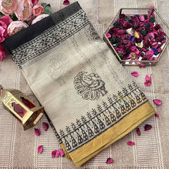 Vriksham Black & White Peacock Printed With Yellow Border Kota Cotton Saree-VS4910