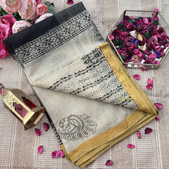 Vriksham Black & White Peacock Printed With Yellow Border Kota Cotton Saree-VS4910