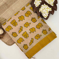 Vriksham Off-White With Chrome Yellow Elephant Printed With Golden Zari Nizam Border Kalamkari Saree-VS5001