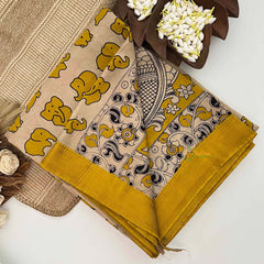 Vriksham Off-White With Chrome Yellow Elephant Printed With Golden Zari Nizam Border Kalamkari Saree-VS5001