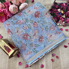 Vriksham Sky Blue Floral Hand block Kota Cotton Saree-VS4922