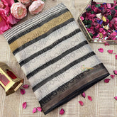 Vriksham Black & White Striped Print Hand block Kota Cotton Saree-VS4929