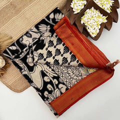 Vriksham Black Pichwai & Lotus Bloom Printed With Golden Zari Nizam Border Kalamkari Saree-VS5000