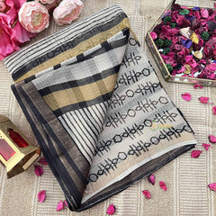 Vriksham Black & White Striped Print Hand block Kota Cotton Saree-VS4929