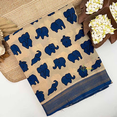Vriksham Off-White With Royal Blue Elephant Printed With Golden Zari Nizam Border Kalamkari Saree-VS5003