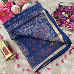 Vriksham Royal Blue & Red Leaf Hand block Kota Cotton Saree-VS4923