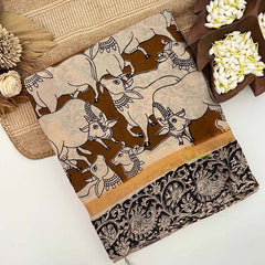 Vriksham Brown Pichwai Printed With Black Gatti Border Kalamkari Saree-VS5013