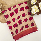 Vriksham Off-White With Deep Magenta Elephant Printed With Golden Zari Nizam Border Kalamkari Saree-VS5004