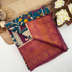 Vriksham Teal Blue Cow & Floral Printed With Black Kanchi Border Kalamkari Saree-VS5012