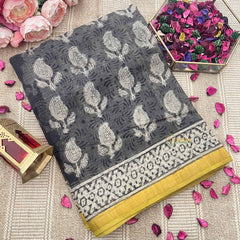 Vriksham Gray & White Floral Printed With Yellow Border Kota Cotton Saree-VS4909