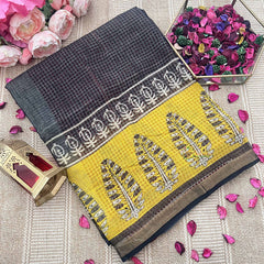 Vriksham Black And Yellow Golden Border Kota Cotton Saree-VS4901