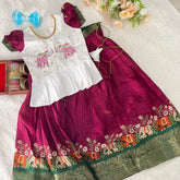 Wine & White Colour Embroidered Girls Lehenga Set -VS3490