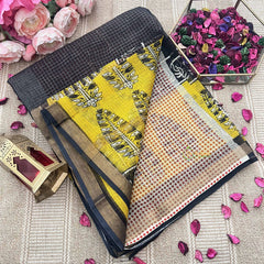 Vriksham Black And Yellow Golden Border Kota Cotton Saree-VS4901