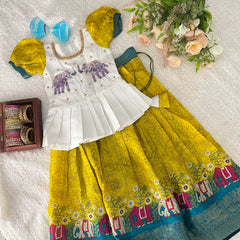 Mustard & White Colour Embroidered Girls Lehenga Set -VS3491