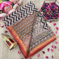 Vriksham Black And White Zigzag Print Kota Cotton Saree-VS4899