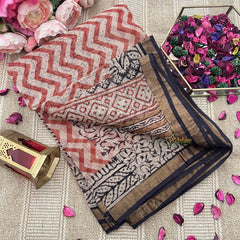 Vriksham White and Red Zigzag Print Kota Cotton Saree-VS4903