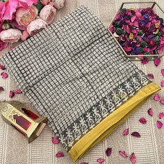 Vriksham Black And White Checks Yellow Border Kota Cotton Saree-VS4898