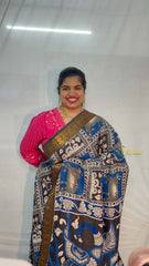 Vriksham Blue Pichwai Printed With Black Kanchi Border Kalamkari Saree-VS5011