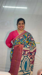 Vriksham Teal Blue Cow & Floral Printed With Black Kanchi Border Kalamkari Saree-VS5012