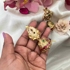 Vriksham Classic Kemp Stone Peacock With Gold Bead Droplets One Gram Jhumka Earrings-