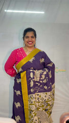 Vriksham Deep Indigo Kamadhenu & Floral Printed With Golden Zari Nizam Border Kalamkari Saree-VS5007