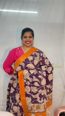 Vriksham Deep Violet Fish & Floral motif Printed With Golden Zari Nizam Border Kalamkari Saree-VS5005