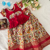 Off White & Red Color Embroidered Girls Lehenga Set -VS3496