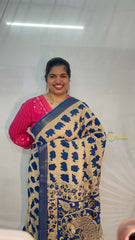 Vriksham Off-White With Royal Blue Elephant Printed With Golden Zari Nizam Border Kalamkari Saree-VS5003