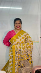 Vriksham Off-White With Chrome Yellow Elephant Printed With Golden Zari Nizam Border Kalamkari Saree-VS5001