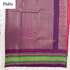 Vriksham Vibrant Coral Pink With Green & Purple Zari Border Kanchi Silk Saree-VS4790