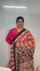 Vriksham Tomato Red Dynamic Running Cow Motifs Printed With Black Border Kalamkari Saree-VS5008