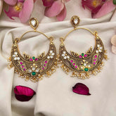 Vriksham Heritage Peacock Motif Oversized Chandbalis With Delicate Pearl Droplets Earrings-Green-G22262