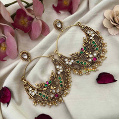 Vriksham Heritage Peacock Motif Oversized Chandbalis With Delicate Pearl Droplets Earrings-Red-G22261