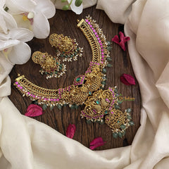 Vriksham Jalebi Style Dual Peacock Kundan Jadau Short Neckpiece-Pastel Green Bead-J2947