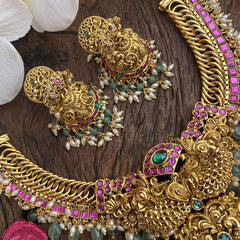 Vriksham Jalebi Style Dual Peacock Kundan Jadau Short Neckpiece-Pastel Green Bead-J2947